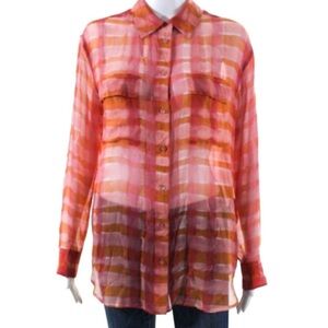Equipment Femme Signature 100% Silk Blouse Top Pink/Coral Watercolor Plaid Sz L